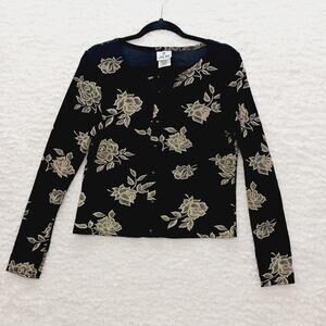 Sweater Cardigan Size L VTG Fairy Goth Embossed Black Gold Roses Academia Chic